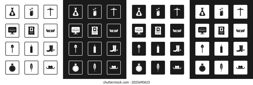 Set Pickaxe, Wanted western poster, Location cowboy, Money bag, Kayak or canoe and paddle, Quiver with arrows, Cowboy boot and Shovel icon. Vector