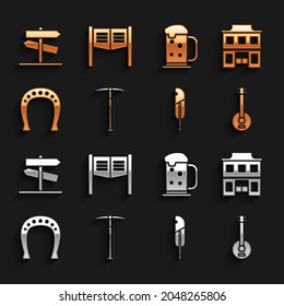 Set Pickaxe, Wild west saloon, Banjo, Feather pen, Horseshoe, Wooden beer mug, Road traffic signpost and Saloon door icon. Vector