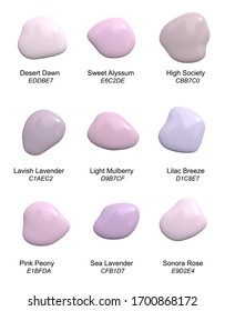Conjunto de tintes de pintura escogidos - paleta vectorial de manchas de colores rosa vibrante pastel para interiores, maquillaje o artesanía con nombres y números hexagonales
