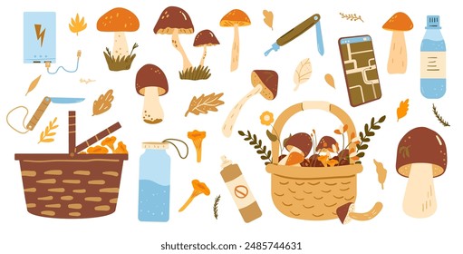 Set of picking mushrooms. Forest autumn activity kit. Vector hand drawn flat collection illustration isolated on white background.