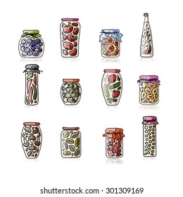 Set of pickle jars with fruits and vegetables, sketch for your design. Vector illustration