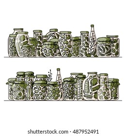Set of pickle jars with fruits and vegetables