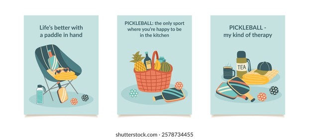 Set of pickleball concept posters. Pickleball and leisure objects. Concept of sport, active lifestyle, leisure, and outdoor recreation. Vector hand drawn cards.