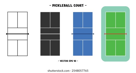 set of pickleball court designs, available in striped, solid black and green striped styles. editable vector eps 10.