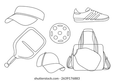 Set of pickleball elements doodle style in continuous one line drawing isolated on white