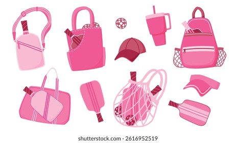 Set of Pickleball Equipment Cartoon Illustrations in Bright Pink Color. Special Inventory and Accessories for Paddle Game, Including Bags, Paddles, Balls, Visor, Cap, Backpack and Thermo Mug