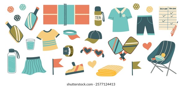 Set of pickleball objects isolated on white background. Concept of sport, game, leisure, healthy lifestyle, activity. Vector hand drawn cliparts.