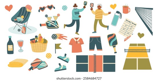 Set of pickleball objects and seniors players isolated on white. Concept of sport, game, leisure, healthy lifestyle, activity. Vector hand drawn cliparts.