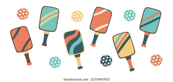 Set of pickleball paddles and balls isolated on white. Concept of sport, activities, hobbies, leisure, healthy lifestyle. Vector hand drawn cliparts.