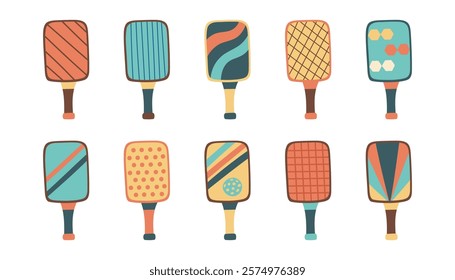 Set of pickleball paddles isolated on white. Concept of sport, activities, hobbies, leisure, healthy lifestyle. Vector hand drawn cliparts. 