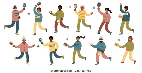 Set of pickleball players in motion isolated on white. Concept of sport, team, active lifestyle, activity, wellbeing, leisure and outdoor recreation. Vector flat cliparts.