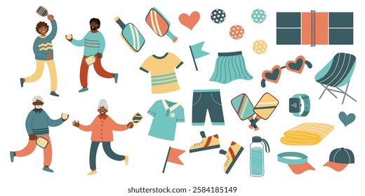 Set of pickleball players and objects isolated on white. Concept of sport, game, leisure, healthy lifestyle, activity. Vector hand drawn cliparts.