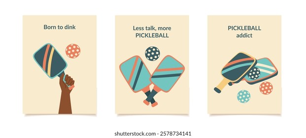 Set of pickleball posters. Collection of sports-themed cards. Concept of sport, active lifestyle, leisure, fun and outdoor recreation. Vector hand drawn cards.