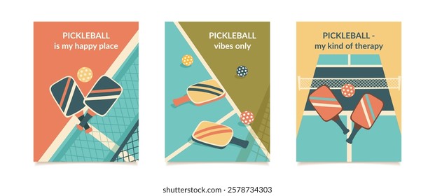 Set of pickleball posters. Collection of sports-themed cards with paddles, balls and court composition. Concept of sport, active lifestyle, fun and outdoor recreation. Vector hand drawn cards.