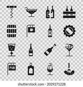 Set Pickled cucumber on a fork, Cocktail, Bottle cap, Bottles of wine, Street signboard with Bar, Wooden barrel, Wine corkscrew and Glass bottle vodka icon. Vector