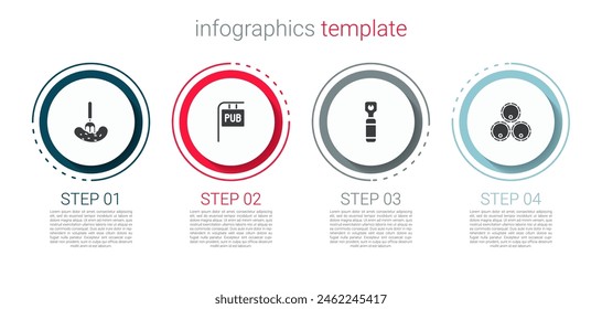 Set Pickled cucumber on a fork, Street signboard with Pub, Bottle opener and Wooden barrels. Business infographic template. Vector