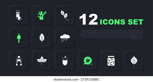 Coloque los pepinos en vinagre en un frasco, la hoja, la amapola de opio, el árbol desnudo y el icono de bellota. Vector