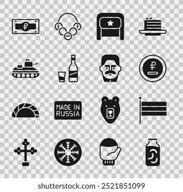 Set Pickled cucumbers in a jar, National Russia flag, Rouble, ruble currency, Ushanka, Bottle of vodka with glass, Military tank, Russian banknote and Joseph Stalin icon. Vector