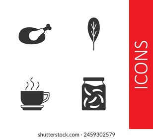 Set Pickled cucumbers in a jar, Roasted turkey or chicken, Coffee cup and Leaf icon. Vector