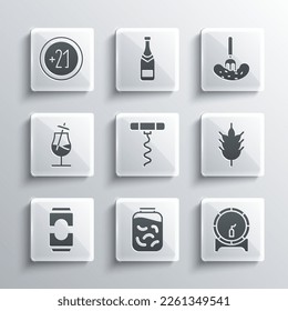 Set Pickled cucumbers in a jar, Wooden barrel on rack, Hop, Wine corkscrew, Beer can, Cocktail, Alcohol 21 plus and fork icon. Vector