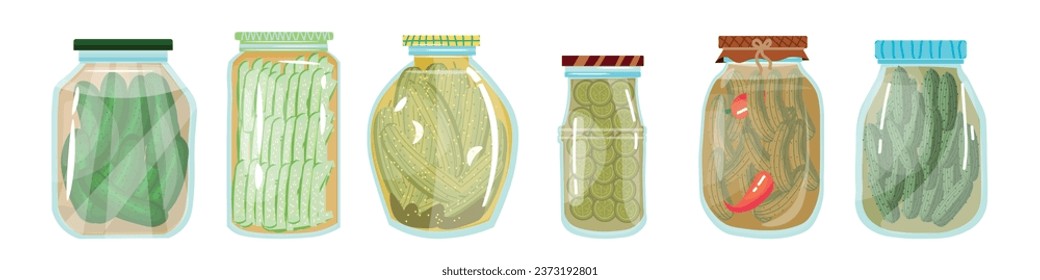 Set of pickled cucumbers on white background