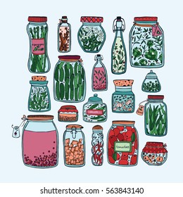 Set of pickled jars with vegetables, fruits, herbs and berries on shelves. Autumn marinated food. Colorful Illustration.