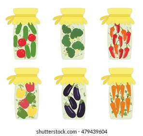 Set of pickled jars with vegetables. Vector illustration. Vector pickled cucumber, pickled vegetables, pickled pepper, pickled tomato, carrot, eggplant, cabbage.