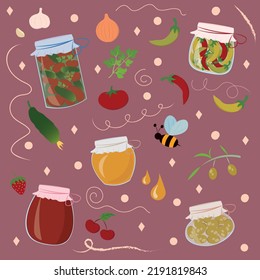 Set with pickled vegetables, jam and honey in flat style with doodle elements on the background. Includes jars of peppers, cucumbers and tomatoes, olives, jam and honey