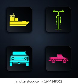 Set Pickup truck, Cargo ship, Off road car and Bicycle. Black square button. Vector