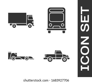 Set Pickup truck, Delivery cargo truck vehicle, Formula race car and Bus icon. Vector