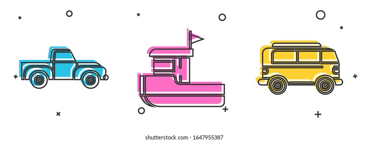 Set Pickup truck, Fishing boat and Retro minivan icon. Vector