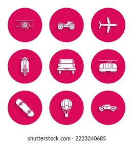 Set Pickup truck, Hot air balloon, Sedan car, Tram and railway, Skateboard, Scooter, Plane and Old retro vintage plane icon. Vector