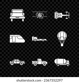 Set Pickup truck, Old retro vintage plane, Formula race car, Sedan, Tanker, Train and  icon. Vector