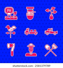 Set Pickup truck, Scarecrow, Shovel, Wooden axe, Rooster weather vane, Plant and Soil ph testing icon. Vector