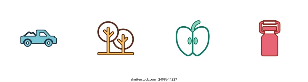 Set Pickup truck, Tree, Apple and Can container for milk icon. Vector