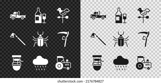 Set Pickup truck, Wine bottle with glass, Rooster weather vane, Well bucket, Cloud rain, Tractor, Garden hoe and Insect fly icon. Vector
