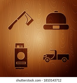 Set Pickup truck, Wooden axe, Passport with ticket and Beanie hat on wooden background. Vector