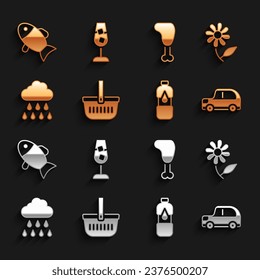 Set Picnic basket, Flower, Car, Bottle of water, Cloud with rain, Chicken leg, Fish and Wine glass icon. Vector