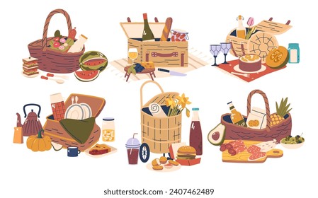 Set of Picnic Baskets With an Assortment Of Products, Perfect For Outdoor Gatherings. Includes Tasty Treats, Utensils