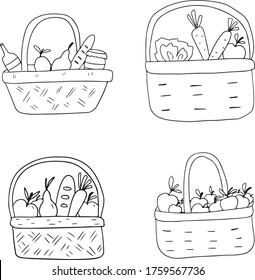 Set of picnic baskets in doodle style. Hand drawn picnic set. Simple illustration. Ecological farm products. Isolated elements for design on a white background. 