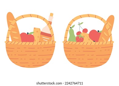 A set of picnic baskets. Picnic food collection. Vector illustration. Flat hand drawn style.