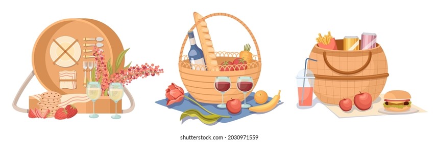 Set Picnic Baskets with Food and Drinks, Hampers with Meals and Crockery for Outdoor Summer Recreation, Isolated Traditional Wicker Boxes with Fruits, Wine and Flowers. Cartoon Vector Illustration