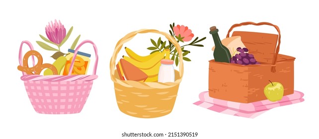 Set of picnic baskets full with products and drinks. Summer outdoor lunch, leisure weekend time, barbecue blanket, willow hamper with food, park camping vector illustration