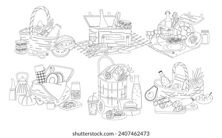 Set of Picnic Baskets With Products Isolated Outline Icons, Wicker Bags For Outdoor Gatherings, Filled with Tasty Treats