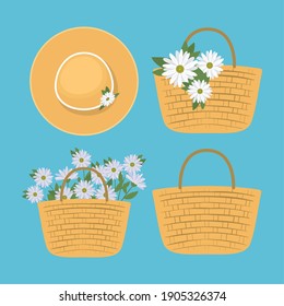 Picknick-Körbe mit weißen Blumen und süßem Hut, Vektorgrafik-Design