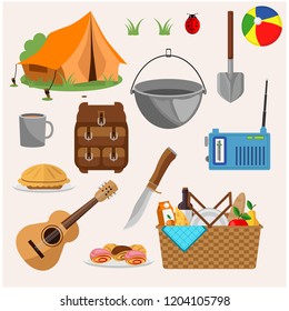 Set for picnic and camping. Vector illustration on the theme of tourism and recreation.
