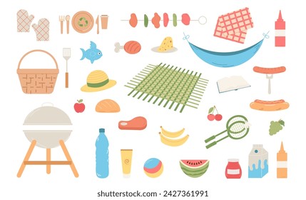 Set for picnic day. Flat Vector illustration. Food and items for summer or spring picnic.