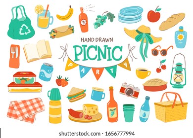 Set for a picnic day. Hand drawn picnic basket, drinks, thermos, cups, plates, food, sun protect and more. Isolated on white background.