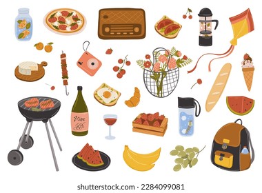 Set for a picnic day. Tasty food and. drinks.  Vector illustration