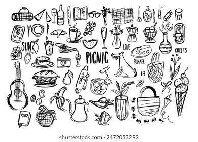 Set of picnic doodle icon. Outdoor Vector illustration collection. Hand drawn line art style banner.  Sketch